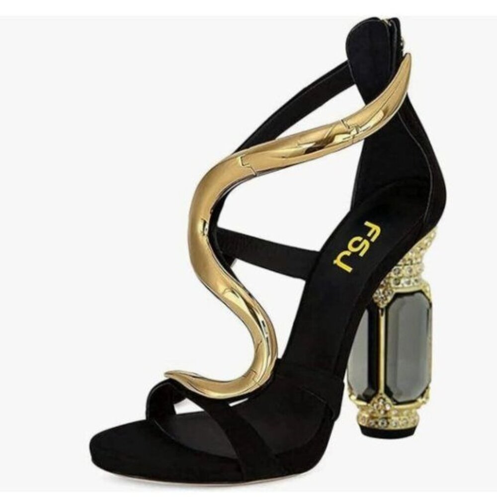 FSJ Gold S Open Toe Stylish Sandal Ankle Strap Chunky Crystal High Heels Shoes